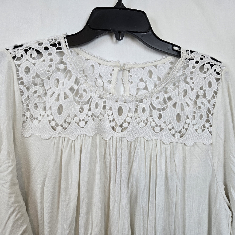 Philosophy Women's White Crochet Yoke Long Sleeve Flowy Office Boho Tunic Top XL - Picture 3 of 8